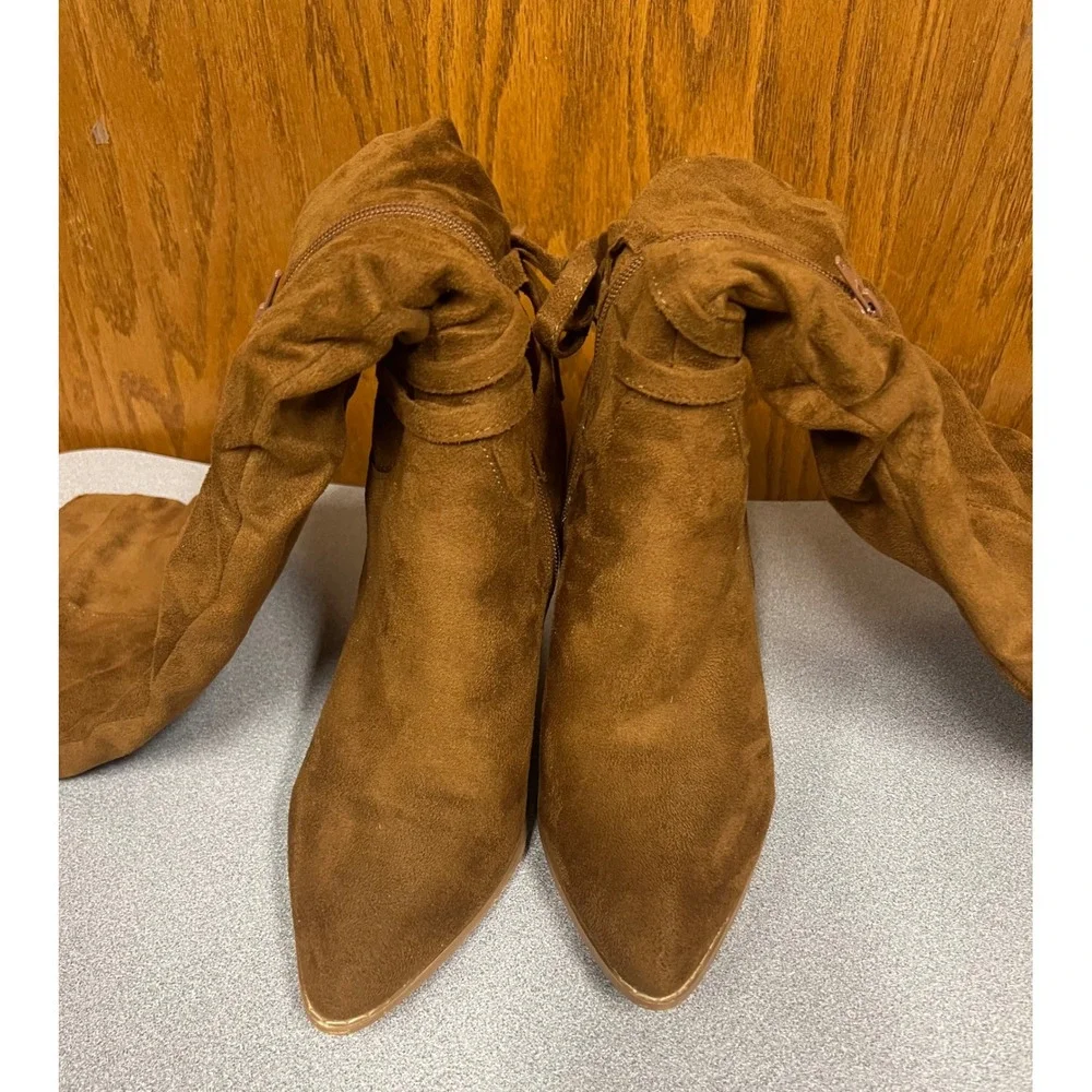 Loki Cognac Faux Suede Slouchy Over The Knee Pointed Toe Block Heel Boots Size 9